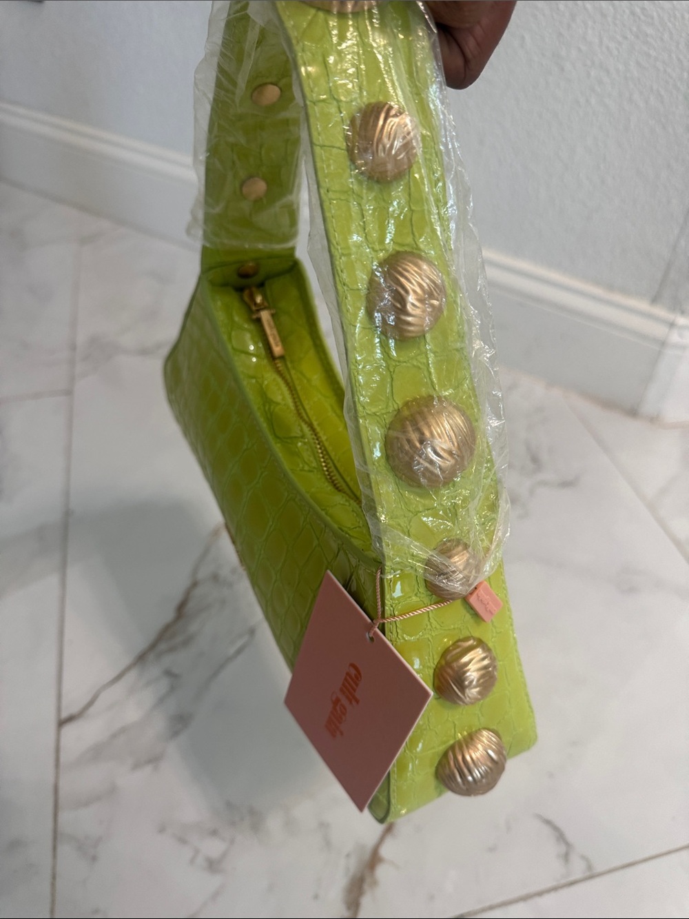 cult gaia lime croc-embossed mini shoulder bag with beaded handle - Picture 7 of 12